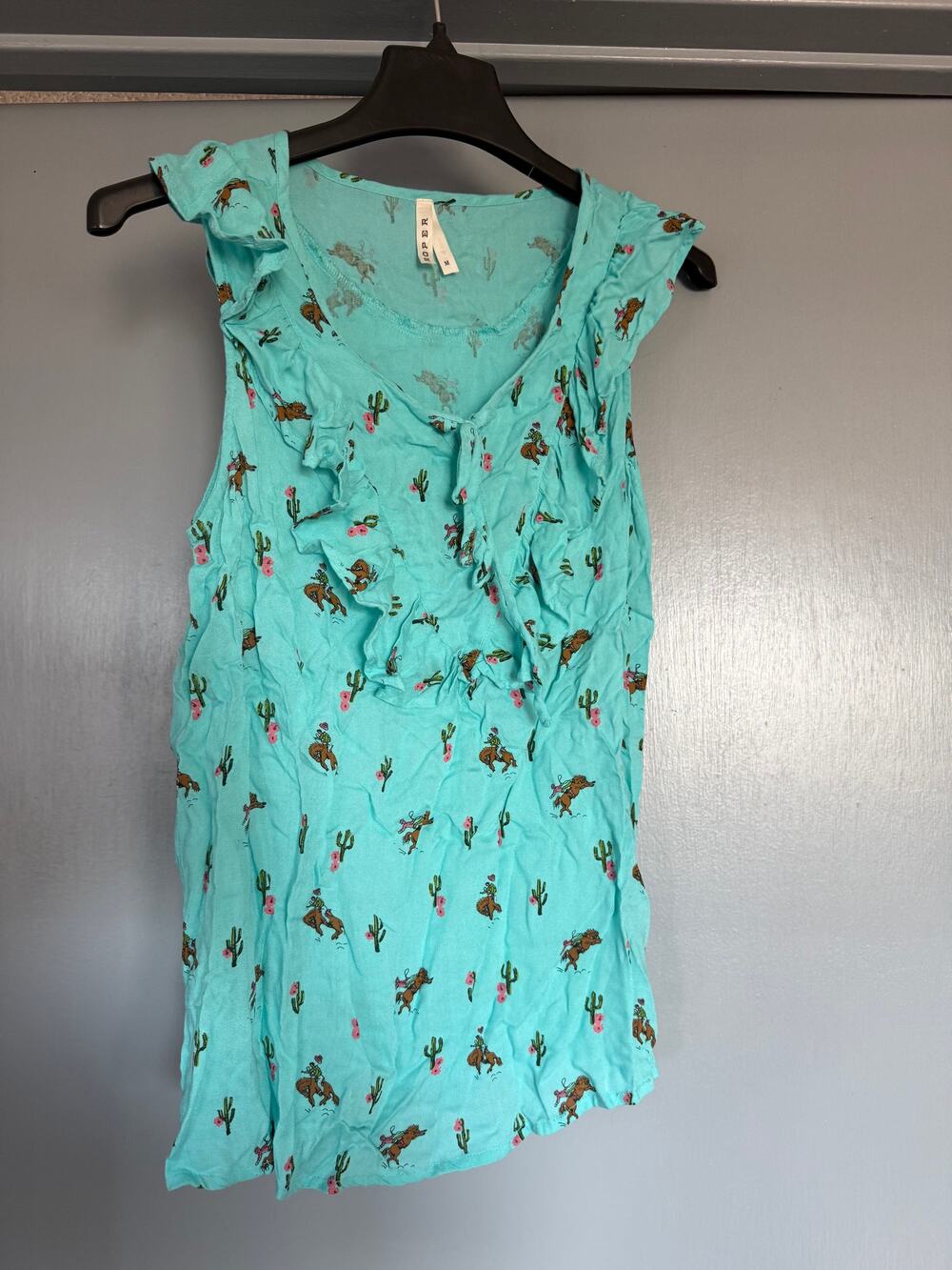 Roper Turquoise Western Broncos Cactus Ruffled Tank Top Rodeo Cowgirl sz M